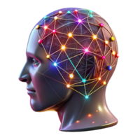 vibrant creative A transparent human head, filled with intricate networks of glowing, neural pathways, illuminated by vibrant, multi-colored lights. Medical illustration style, isometric view original png