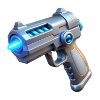 magnificent modern A futuristic weapon, resembling a sleek, silver pistol with glowing, energy coils, floats in mid-air, illuminated by a cool, blue laser sight. Sci-fi style, low-poly render detailed png