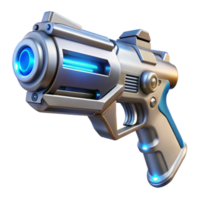 wonderful artistic A futuristic weapon, resembling a sleek, silver pistol with glowing, energy coils, floats in mid-air, illuminated by a cool, blue laser sight.... png