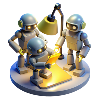vibrant abstract A group of stylized, low-poly robots, collaborating on a complex engineering project, illuminated by the warm, yellow light of a desk lamp. Low-poly style, isometric view 4K png
