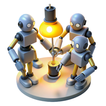 stunning traditional A group of stylized, low-poly robots, collaborating on a complex engineering project, illuminated by the warm, yellow light of a desk lamp. Low-poly style, isometric view detailed png