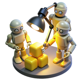 vibrant creative A group of stylized, low-poly robots, collaborating on a complex engineering project, illuminated by the warm, yellow light of a desk lamp. Low-poly style, isometric view exclusive png