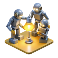 serene abstract A group of stylized, low-poly robots, collaborating on a complex engineering project, illuminated by the warm, yellow light of a desk lamp. Low-poly style, isometric view high quality png