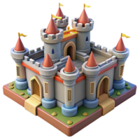 impressive classic Isometric view of a medieval castle, detailed stonework, vibrant banners, clear daylight, digital art, genuine png