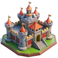 dramatic vintage Isometric view of a medieval castle, detailed stonework, vibrant banners, clear daylight, digital art, exclusive png
