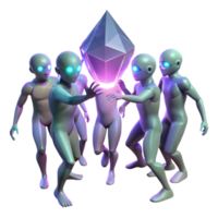 extraordinary contemporary A group of genetically modified humans, with glowing eyes and iridescent skin, perform a ritualistic dance around a pulsating crystal, illuminated by flickering... png