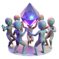 dramático moderno uma grupo do geneticamente modificado humanos, com brilhando olhos e iridescente pele, executar uma ritualístico dança por aí uma pulsante cristal, iluminado de tremeluzente luz da tocha genuíno png