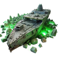 magnificent minimalist A colossal spaceship graveyard, filled with the decaying hulks of ancient vessels, illuminated by the ghostly green glow of a nearby nebula detailed png