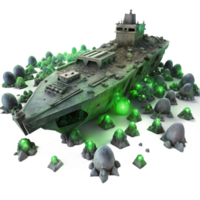 serene rustic A colossal spaceship graveyard, filled with the decaying hulks of ancient vessels, illuminated by the ghostly green glow of a nearby nebula genuine png