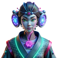 wonderful artistic A cyberpunk geisha with glowing neon tattoos operating a complex holographic interface with intricate fractal patterns, vibrant neon colors, and a gritty, realistic style 4K png