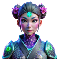 vibrant minimalist A cyberpunk geisha with glowing neon tattoos operating a complex holographic interface with intricate fractal patterns, vibrant neon colors, and a gritty, realistic style premium png