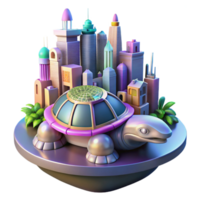 elegant artistic A futuristic city built on the back of a giant turtle, vibrant, utopian colors, art nouveau architecture, glowing neon signs exclusive png