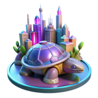 impressive artistic A futuristic city built on the back of a giant turtle, vibrant, utopian colors, art nouveau architecture, glowing neon signs premium png