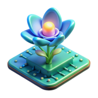 magnificent artistic A single, bioluminescent flower growing from a circuit board, ethereal glow, macro photography style authentic png