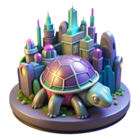 beautiful contemporary A futuristic city built on the back of a giant turtle, vibrant, utopian colors, art nouveau architecture, glowing neon signs high resolution png