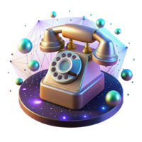 serene rustic A vintage rotary phone floating in zero gravity, surrounded by holographic projections of binary code, surreal, dreamlike lighting high quality png