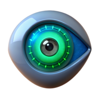 vibrant modern A close-up of a human eye with a HUD display projected onto the iris, glowing blue and green UI elements, cyberpunk style high resolution png