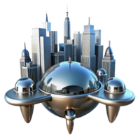 elegant minimalist A futuristic cityscape reflected in the mirrored surface of a sleek, chrome drone, sharp, high contrast lighting, futuristic minimalist style professional png