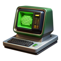 elegant traditional A vintage computer terminal displaying complex code, green text on black screen, dimly lit room, retrofuturistic style detailed png