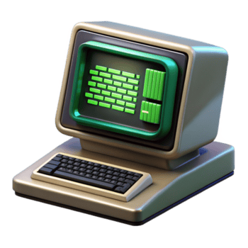 dramatisch rustikal ein Jahrgang Computer Terminal Anzeigen Komplex Code, Grün Text auf schwarz Bildschirm, schwach zündete Zimmer, retrofuturistisch Stil Fachmann png