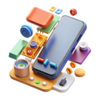 wonderful vintage A disassembled smartphone, components meticulously arranged, bright studio lighting, exploded view diagram style 4K png