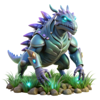 vibrant artistic A colossal, biomechanical creature with iridescent scales, traversing a field of bioluminescent flora. Cool, ethereal lighting, fantasy art style authentic png