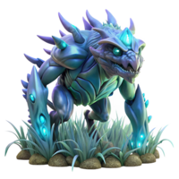 impressive contemporary A colossal, biomechanical creature with iridescent scales, traversing a field of bioluminescent flora. Cool, ethereal lighting, fantasy art style detailed png