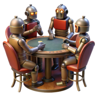 elegant modern A group of robots, rusted and weathered, playing poker around a flickering neon sign in a deserted saloon. Dim, dramatic lighting, dieselpunk style high quality png