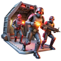 impressive artistic A group of space pirates, armed with laser pistols, boarding a derelict spaceship, illuminated by flashing red alert lights. Dramatic, cinematic lighting, gritty style detailed png