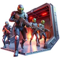 extraordinary abstract A group of space pirates, armed with laser pistols, boarding a derelict spaceship, illuminated by flashing red alert lights. Dramatic, cinematic lighting, gritty style 4K png