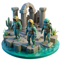 vibrant modern A group of explorers in advanced diving suits exploring the ruins of an ancient civilization on a water-covered planet. Subdued, underwater lighting, realistic style 4K png