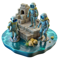 serene creative A group of explorers in advanced diving suits exploring the ruins of an ancient civilization on a water-covered planet. Subdued, underwater lighting, realistic style professional png