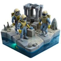 stunning contemporary A group of explorers in advanced diving suits exploring the ruins of an ancient civilization on a water-covered planet. Subdued, underwater lighting, realistic style high quality png