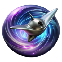 beautiful abstract A sleek, silver spaceship, shaped like a manta ray, emerges from a wormhole, trailing streaks of iridescent light. The wormhole is a swirling vortex of deep blues and purples.... png