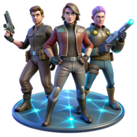 magnificent traditional A group of space pirates, armed with laser pistols and wearing tattered leather jackets, stand around a holographic map of a star system. Dark, dramatic lighting.... png