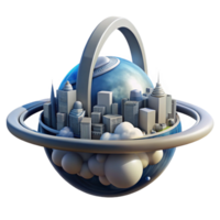 impressive rustic A futuristic cityscape, built on a giant, floating ring, orbits a gas giant planet. Bright, vibrant lighting from the city illuminates the planet's swirling clouds.... png