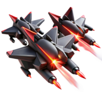 wonderful creative A squadron of sleek, black fighter jets, with glowing red engine trails, engages in a dogfight above a futuristic city. Dynamic, action-packed. Anime style high resolution png