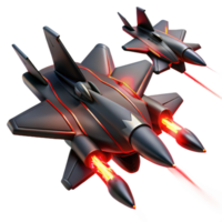 wonderful modern A squadron of sleek, black fighter jets, with glowing red engine trails, engages in a dogfight above a futuristic city. Dynamic, action-packed. Anime style original png