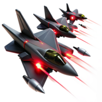 dramatic rustic A squadron of sleek, black fighter jets, with glowing red engine trails, engages in a dogfight above a futuristic city. Dynamic, action-packed. Anime style genuine png