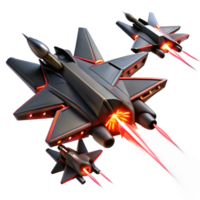beautiful rustic A squadron of sleek, black fighter jets, with glowing red engine trails, engages in a dogfight above a futuristic city. Dynamic, action-packed. Anime style genuine png