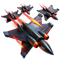 impressive artistic A squadron of sleek, black fighter jets, with glowing red engine trails, engages in a dogfight above a futuristic city. Dynamic, action-packed. Anime style premium png