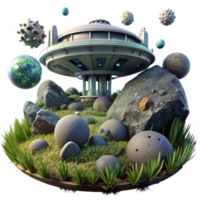 magnificent rustic An abandoned space station, overgrown with alien vegetation, slowly drifts through a field of asteroids. Dim, atmospheric lighting. Matte painting style 4K png