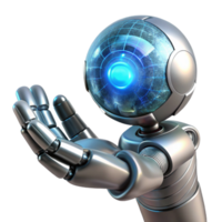 magnificent contemporary A chrome robot hand delicately holding a glowing orb of data, intricate circuitry visible beneath its polished surface, dramatic chiaroscuro lighting, Art Deco style 4K png