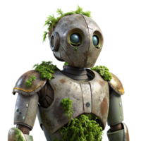 extraordinary classic A decaying robot, vines and moss growing over its metallic body, soft natural lighting, post-apocalyptic style premium png