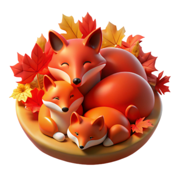 deslumbrante tradicional vibrante abstrato uma família do vermelho raposas enrolado acima dentro seus cova no meio outono folhas, aceso de uma esquentar, suave brilho, dentro uma pintor estilo reminiscente do Albert Bierstadt detalhado Prêmio png