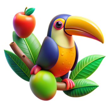 extraordinário minimalista sereno contemporâneo uma colorida tucano empoleirado em uma ramo com tropical frutas, vibrante cores, pop arte estilo, afiado linhas 4k original png