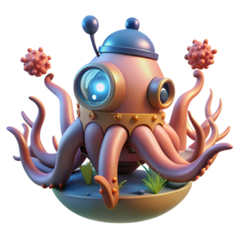 deslumbrante moderno magnífico contemporâneo uma steampunk polvo pilotagem uma submersível, cercado de bioluminescente coral, aceso de a suave brilho do a submersíveis faróis Alto resolução original png