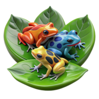 impressive creative wonderful abstract A group of colorful poison dart frogs gathered on a large leaf, rainforest setting, vibrant, macro photography, high quality 4K png