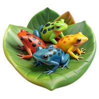 extraordinary vintage serene contemporary A group of colorful poison dart frogs gathered on a large leaf, rainforest setting, vibrant, macro photography, 4K high resolution png