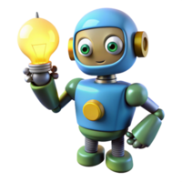 wonderful rustic stunning modern A whimsical, cartoon style robot holding a glowing lightbulb, bright, cheerful colors, cel shaded animation style high quality professional png